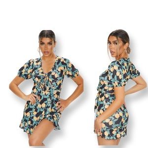 PrettyLittleThing BLACK LEMON PRINT TIE FRONT FRILL TEA Mini DRESS
